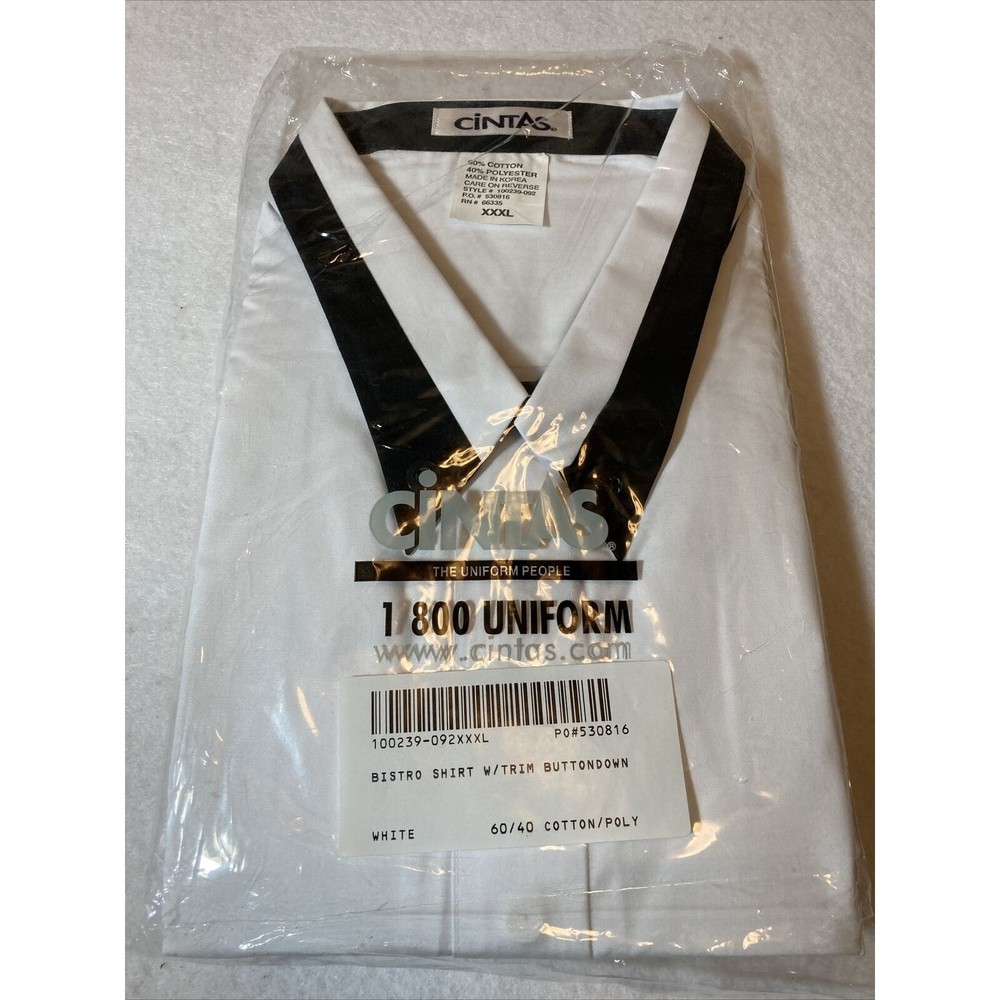 NIP Cintas White Uniform Bistro Shirt w/ Black Trim Buttondown SZ 3XL Lg Sleeves